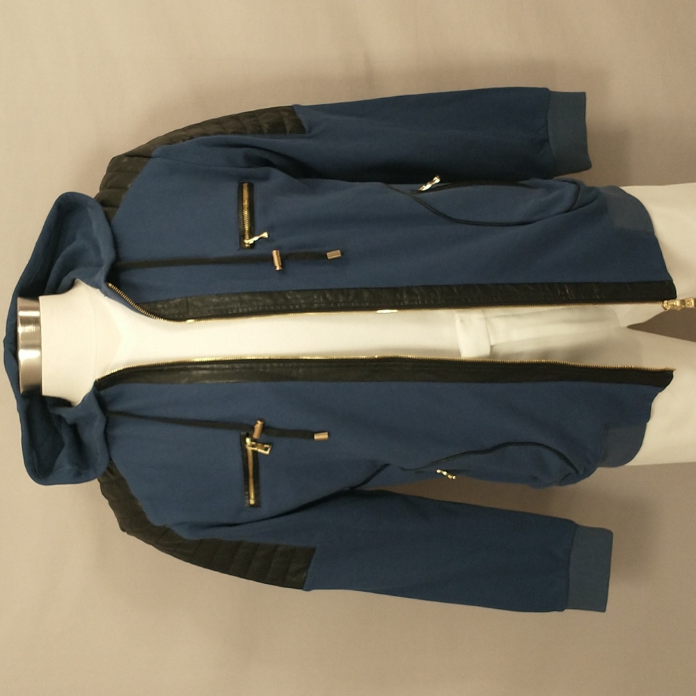 Balmain Paris Zipped Hoodie w Quilted Leather Shoulder Pads  Designer Streetwear